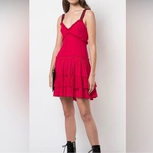 Cinq à Sept Livia Mini Dress 100% Silk Tiered Cherry Red Ruffle Hem Sz 8 Baddie